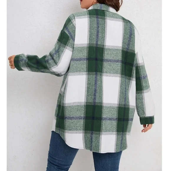 Plus Plaid Print Button Down jacket Shacket - Picture 4 of 10